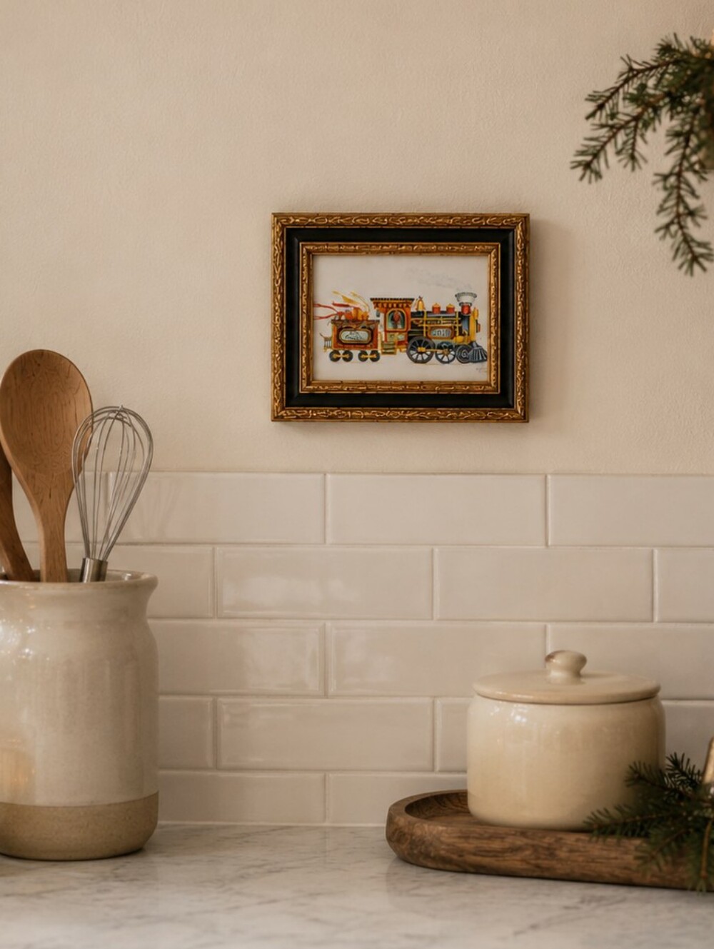 Vintage oil painting hand painted Christmas train
